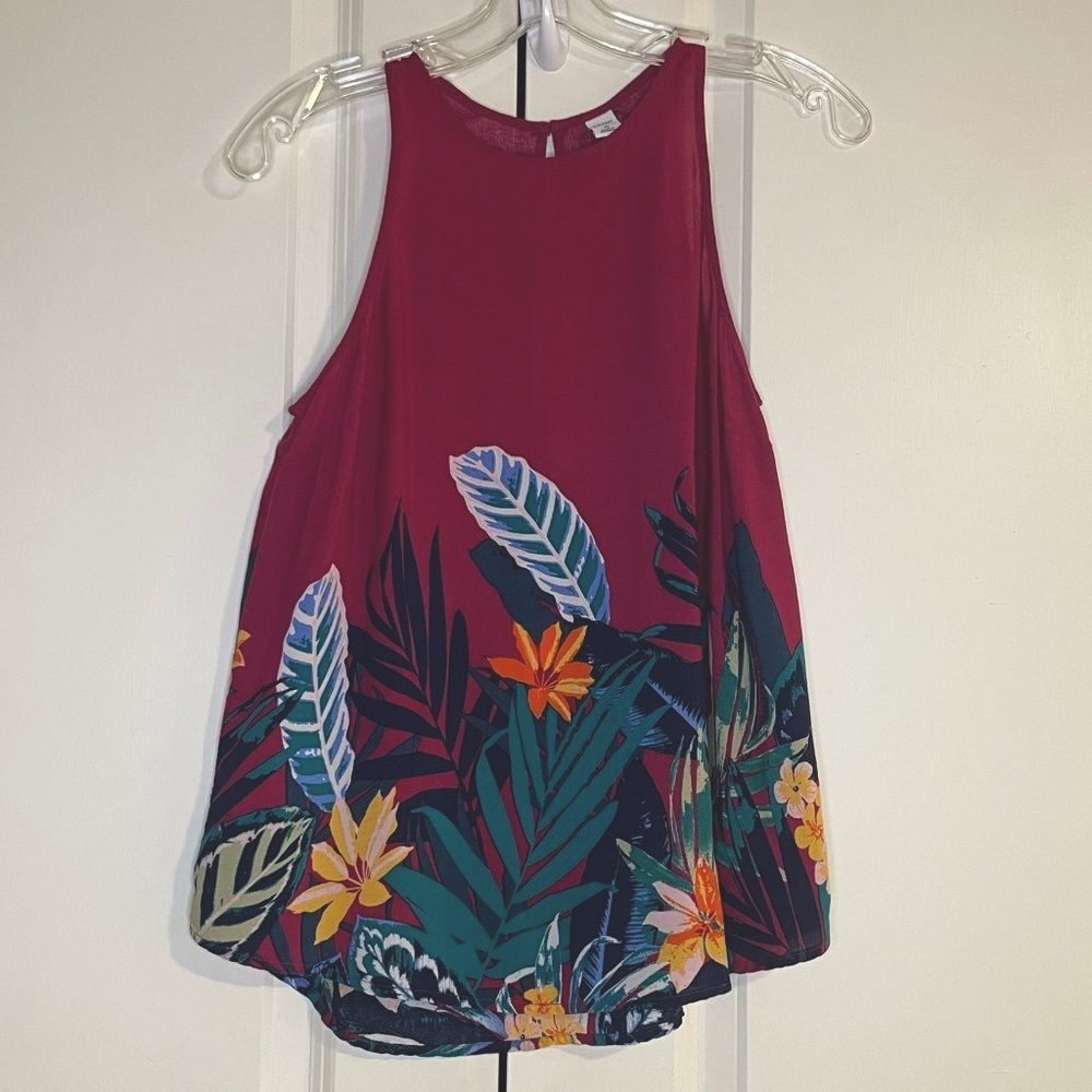 Old Navy Sleeveless Tropical/Floral Print Tank Top Blouse (XS, Plum/Multicolor)